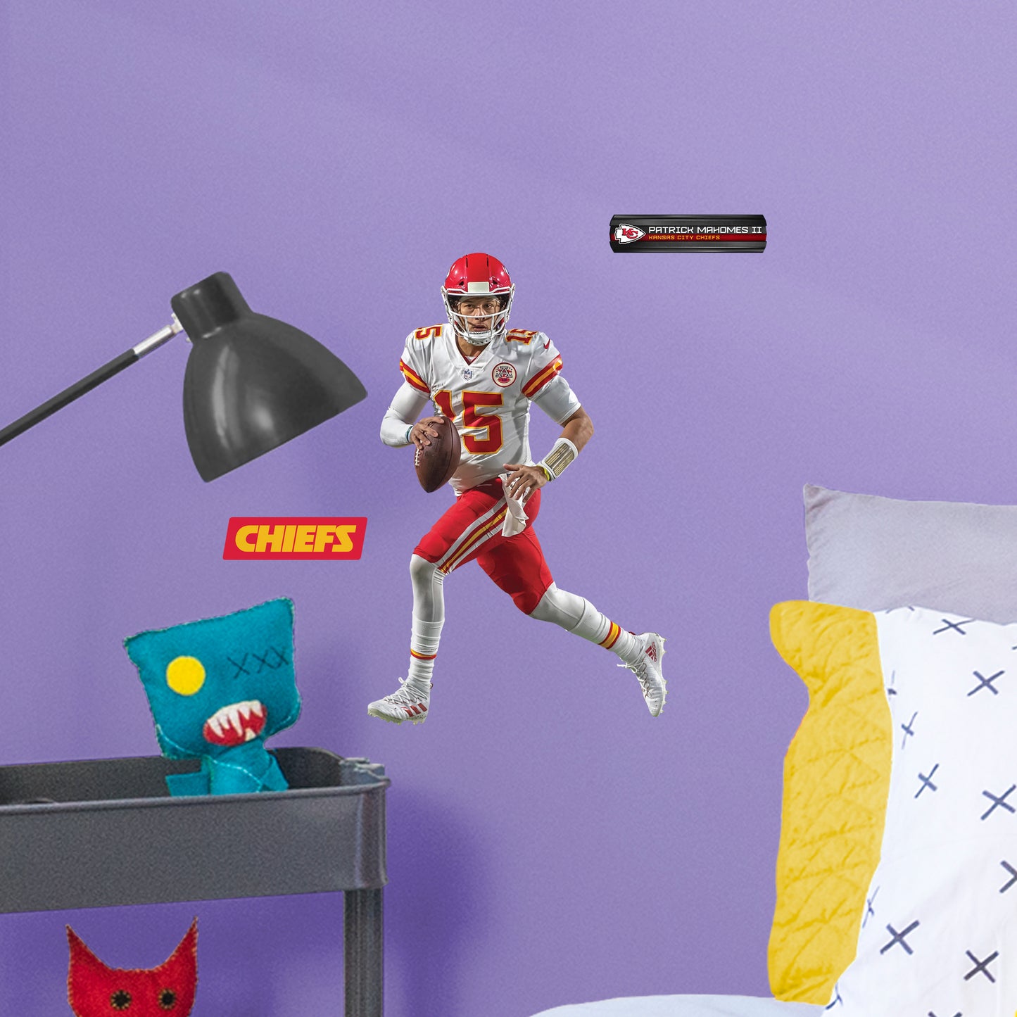 Large Athlete + 2 Decals (10"W x 15"H) Bring the action of the NFL into your home with a wall decal of Patrick Mahomes! High quality, durable, and tear resistant, you'll be able to stick and move it as many times as you want to create the ultimate football experience in any room!